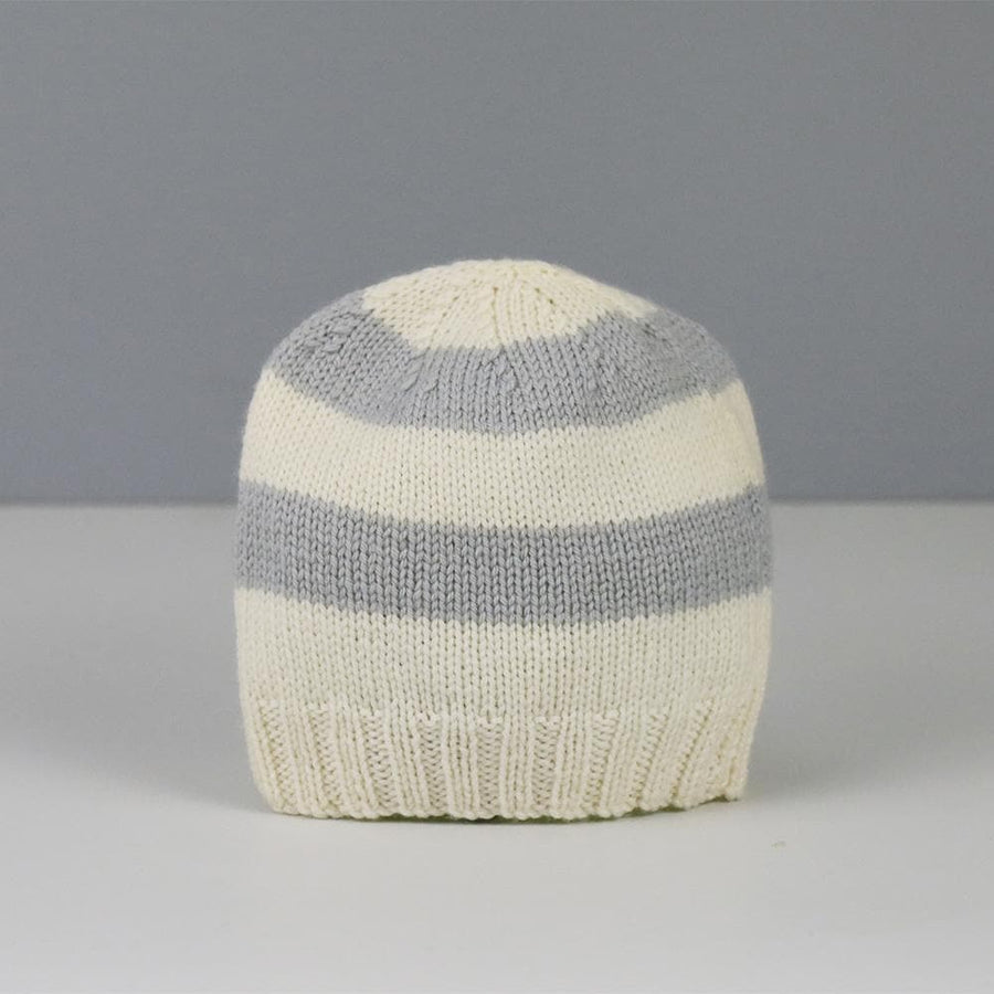Amelia Hand Knitted Baby Hat in Grey and Cream Stripe