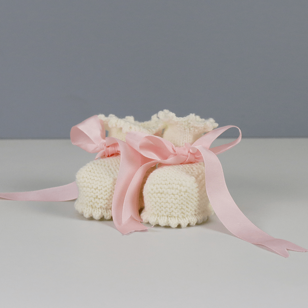 Annabel Cream Baby Booties with Pink Ribbon