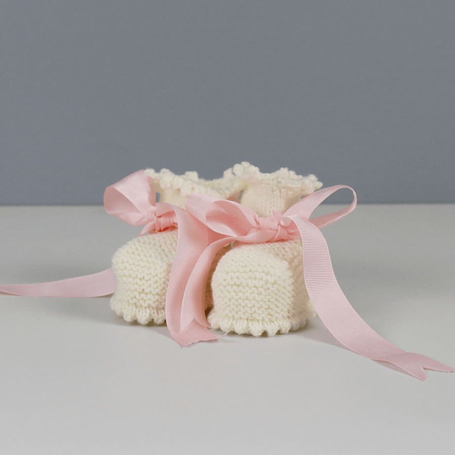 Annabel Cream Baby Booties with Pink Ribbon
