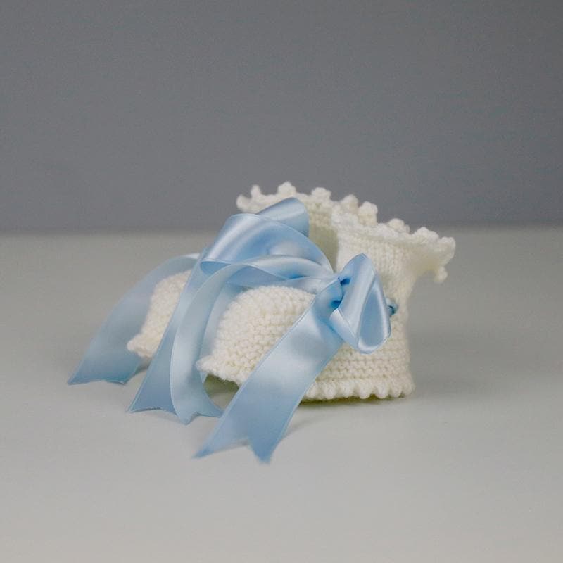 Annabel Cream Baby Booties with Blue Satin Ribbon