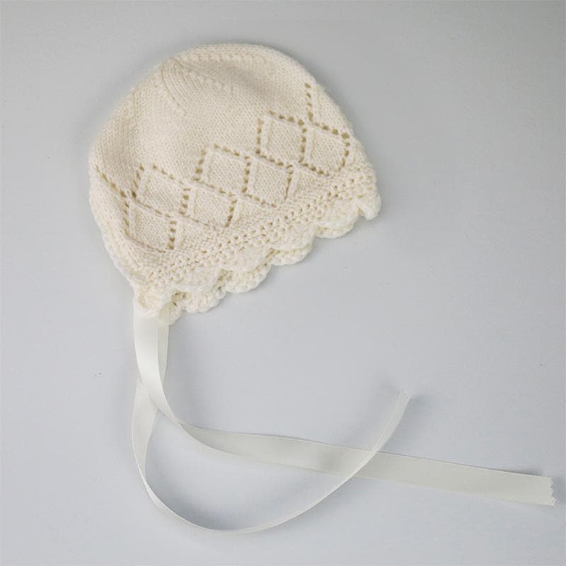 Charlotte Baby Bonnet in Diamond Pattern with Cream Satin Ribbon