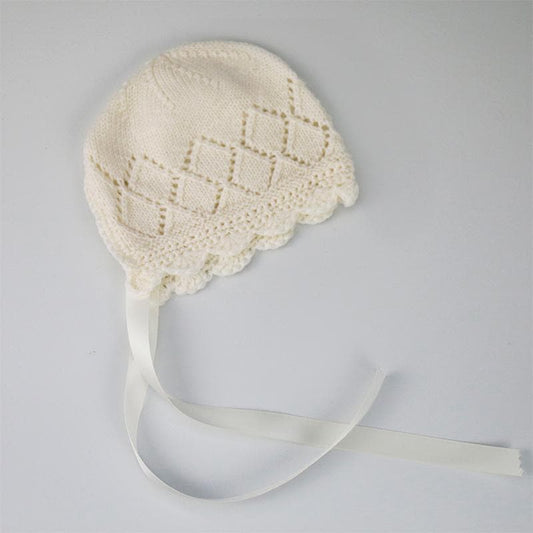 Charlotte Baby Bonnet in Diamond Pattern with Cream Satin Ribbon