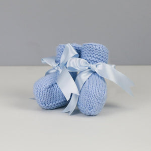 Grace Hand Knitted Baby Booties in Pale Blue with Blue Satin Ribbon