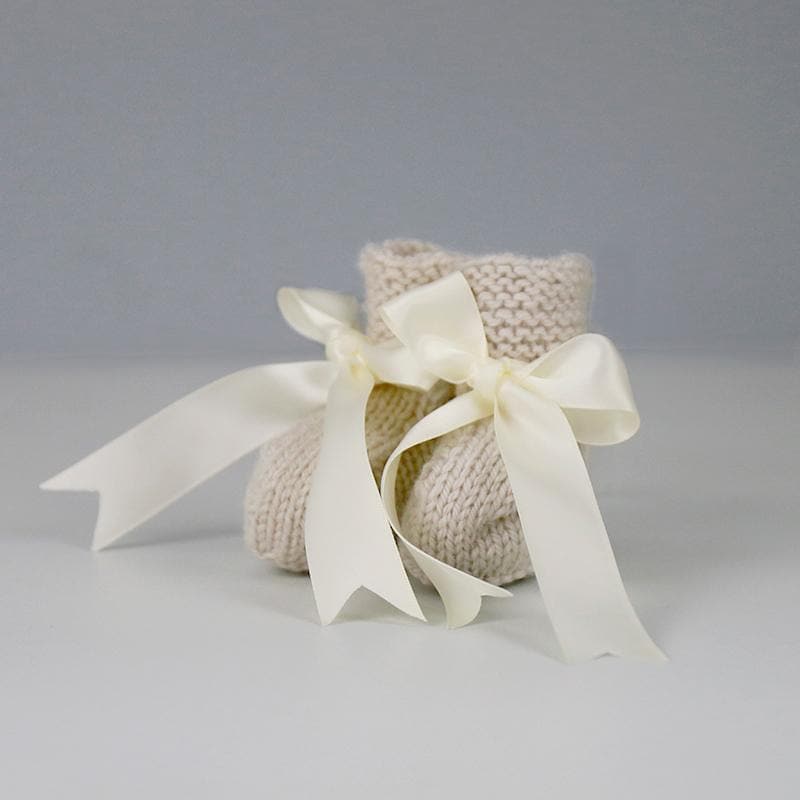 Grace Hand Knitted Baby Booties in Camel with Cream Satin Ribbon