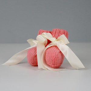 Grace Hand Knitted Baby Booties in Coral with Cream Satin Ribbon